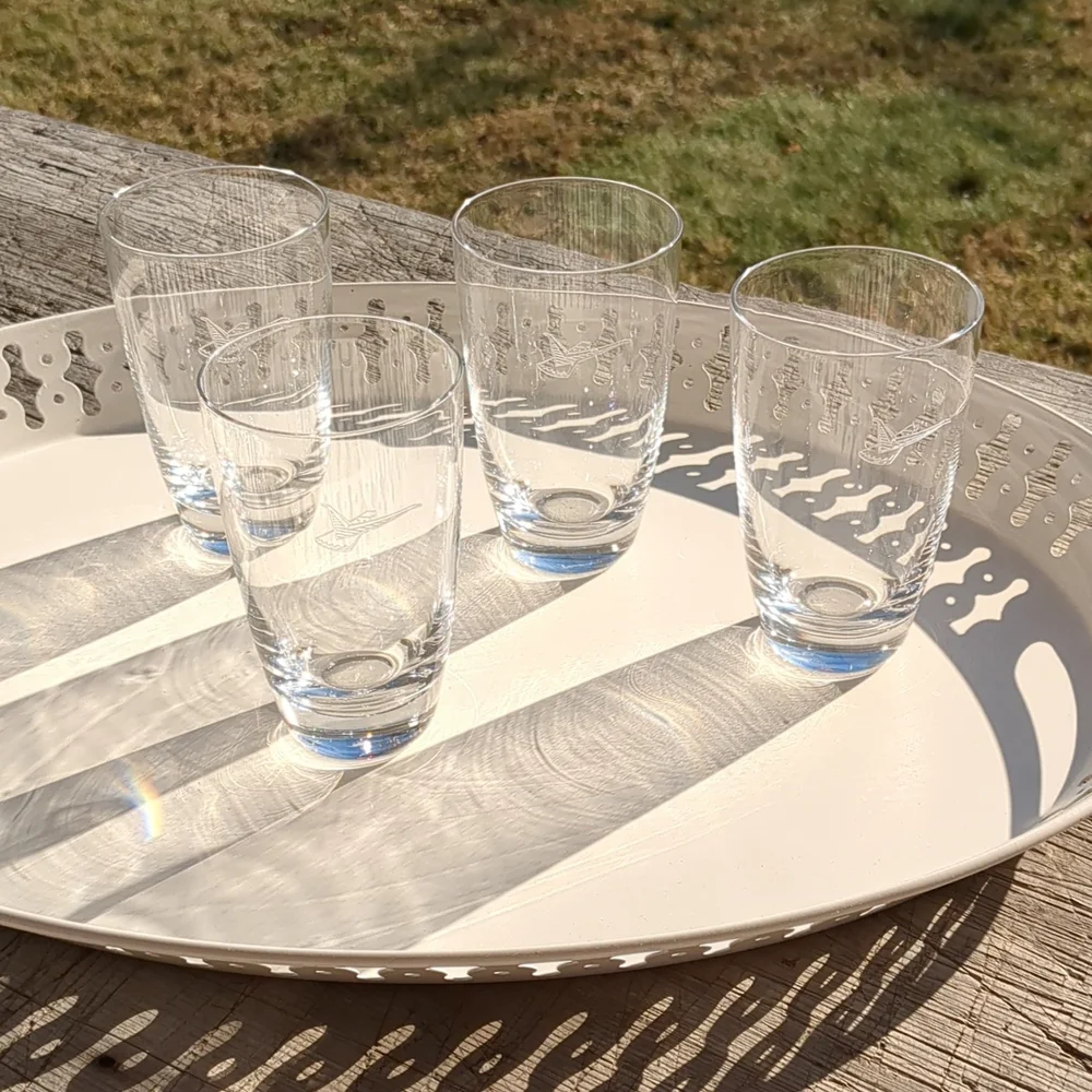 Vintage Fostoria 1959 Ford Thunderbird dealer logo bar glasses SET OF FO…